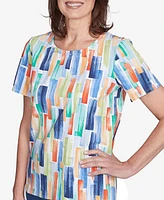 Alfred Dunner Petite Stained Glass Pleated Crew Neck Top