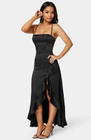 Bebe Women's Satin Ruffle Maxi Lace Up Back