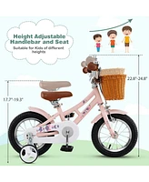 12 Inch Kids Bike Retro Bicycle with Adjustable Height and Basket for Ages 3-8 Years Old