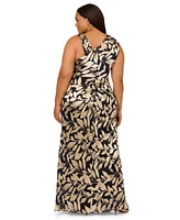 Adrianna Papell Plus Foil-Print Asymmetric Gown