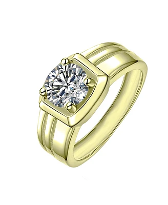 Rachel Glauber Men's Clear Cubic Zirconia with Four-Prong Setting Grooved Adjustable Band Ring
