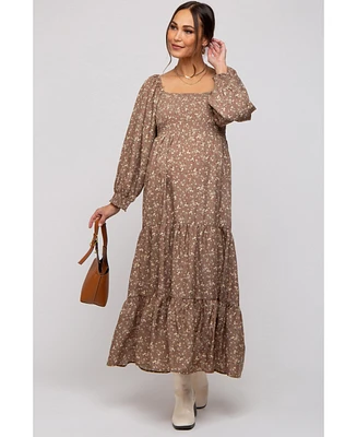 Pinkblush Mocha Floral Smocked Long Sleeve Maternity Maxi Dress