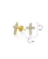 Bling Jewelry Minimalist Petite Religious Small Cz Cross Stud Earrings Cubic Zirconia Gold Plated .925 Sterling Silver