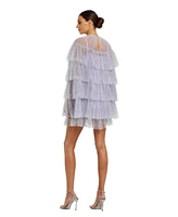 Mac Duggal Women's High Neck Tiered Ruffle Pearl Beaded Cape Dress