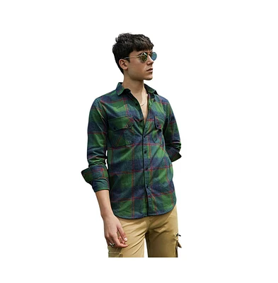 Campus Sutra Men's Forest Green & Indigo Blue Buffalo Check Utility Shirt