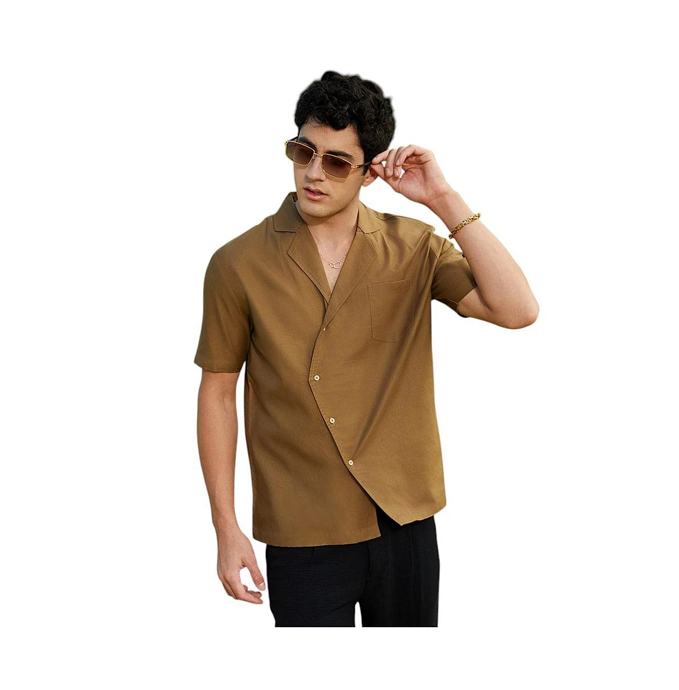 Campus Sutra Men's Camel Brown Asymmetrical Cuban Shirt