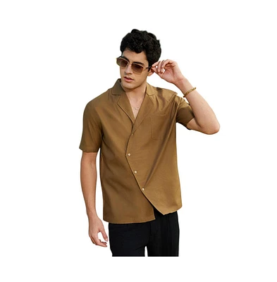 Campus Sutra Men's Camel Brown Asymmetrical Cuban Shirt