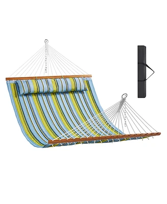 Double Quilted Fabric Hammock with Hardwood Spreader Bar Detachable Pillow