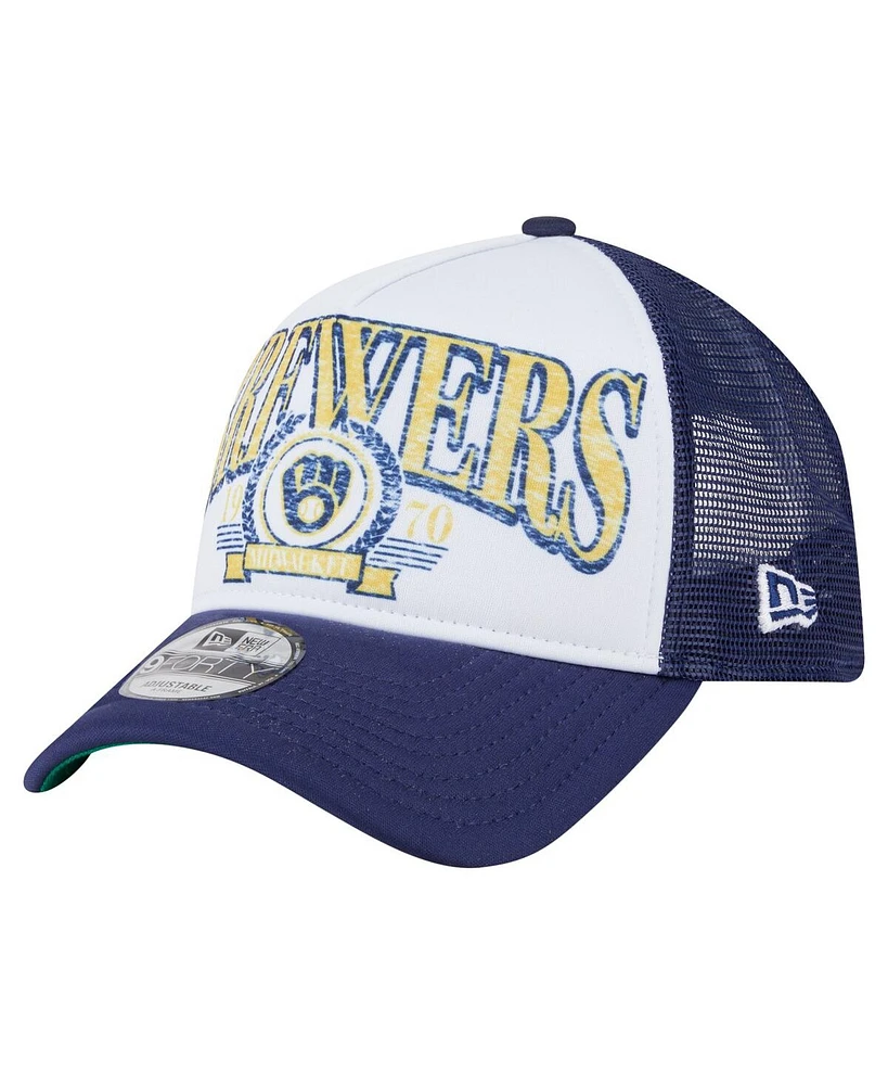 New Era Men's White Milwaukee Brewers Distressed 9FORTY A-Frame Adjustable Trucker Hat