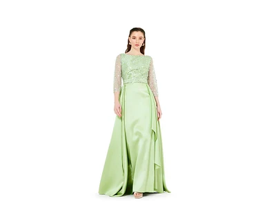 Amri Beaded Bodice Column Gown with Cascading Train