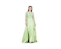 Amri Beaded Bodice Column Gown with Cascading Train