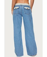 Edikted Women's Floral Foldover Low Rise Jeans