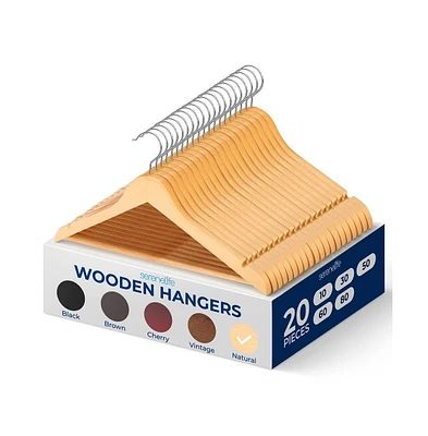 20 Pcs. of Solid Wooden Hangers for Clothes - Heavy Duty Suit Hanger Set with Chrome 360° Swivel Hook (Natural Color