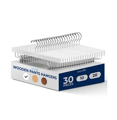 SereneLife 30 Pcs. Premium Wooden Pants Hangers - Heavy Duty Hanger Set with Chrome 360° Swivel Hook (White