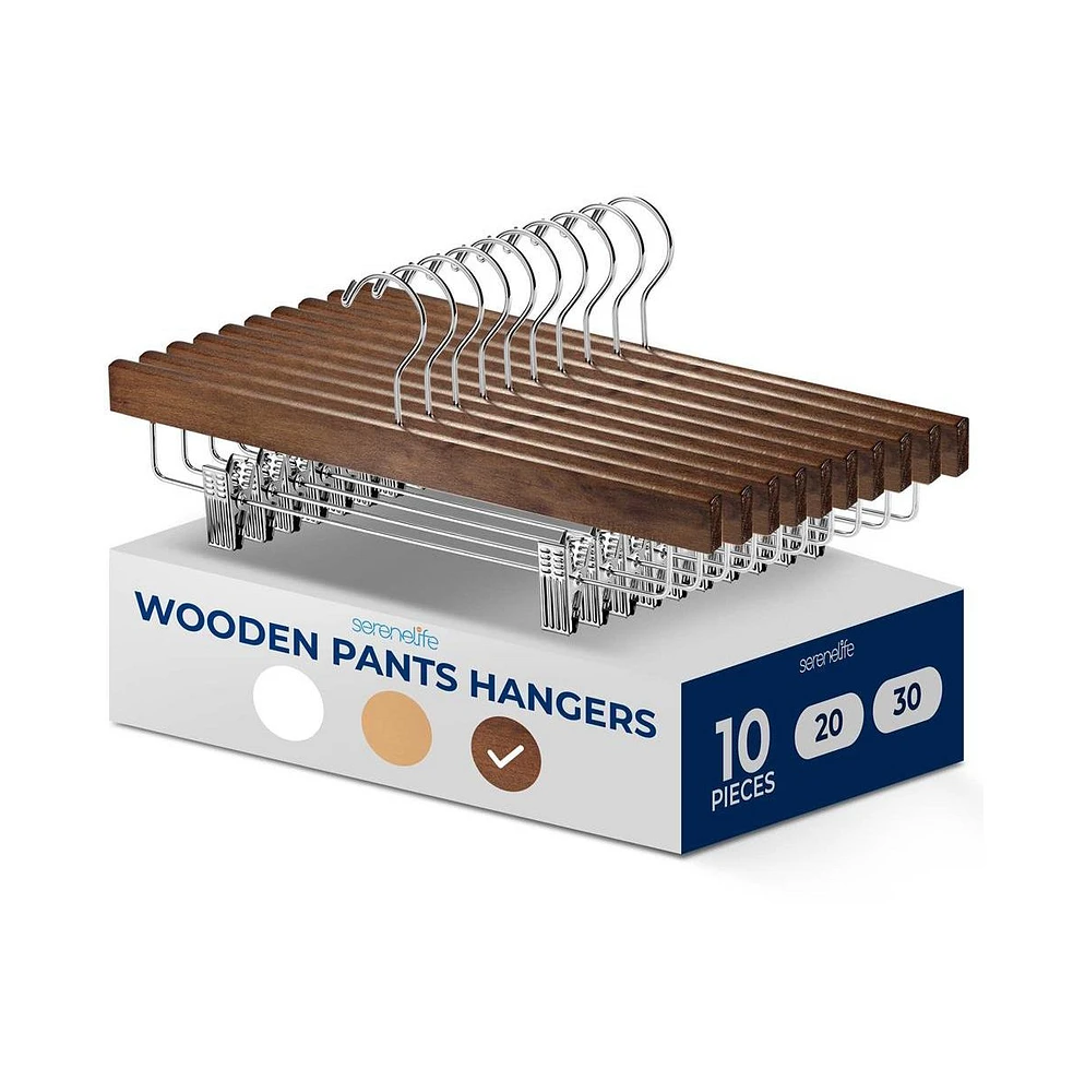 SereneLife 10 Pcs. Premium Wooden Pants Hangers - Heavy Duty Hanger Set with Chrome 360° Swivel Hook (Retro)