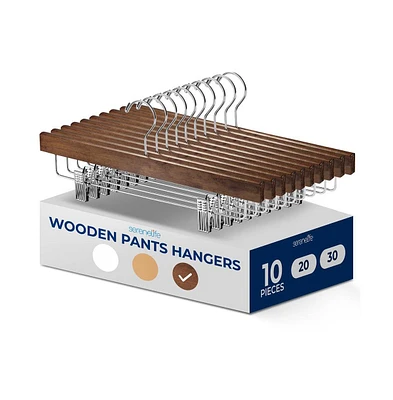 SereneLife 10 Pcs. Premium Wooden Pants Hangers - Heavy Duty Hanger Set with Chrome 360° Swivel Hook (Retro)