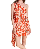 endless rose Women's Floral Print Shoulder Pintucked Asymmetrical Mini Dress