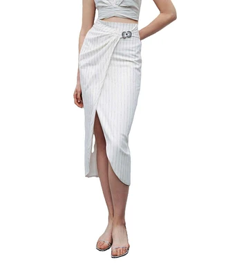Nocturne Women's Striped Linen Blend Midi Skirt with Metal Accessories