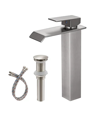 Greenspring Waterfall Single Hole Handle Bathroom Vessel Sink Faucet With Pop-up Drain Assembly Matte Black & Gold