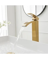 Greenspring Waterfall Single Hole Handle Bathroom Vessel Sink Faucet With Pop Up Drain Without Overflow Matte Black & Gold