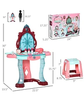 Qaba Kids Vanity Makeup Table Set with Chair and 31-Piece Collection, Mirror Princess Vanity Table with Self-Opening Magic Mirror, Music, Light, Imagi