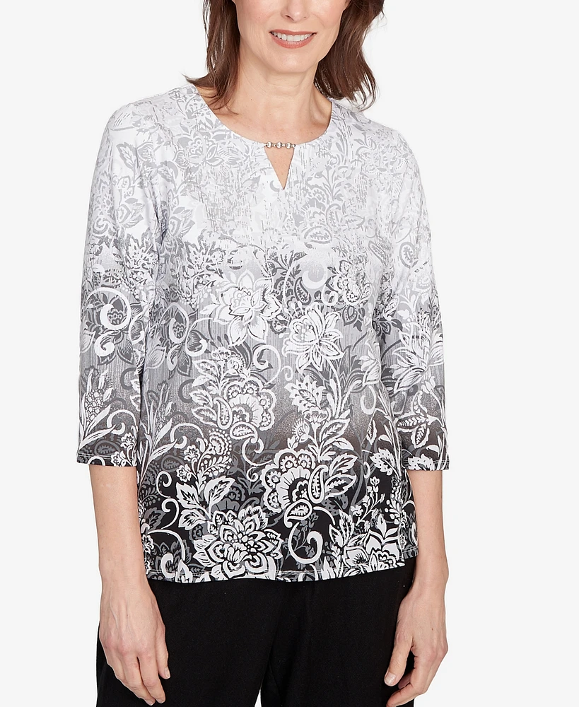 Alfred Dunner Women's Ombre Scroll Split Beaded Neck Top