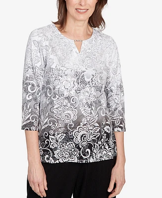 Alfred Dunner Women's Ombre Scroll Split Beaded Neck Top
