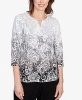 Alfred Dunner Women's Ombre Scroll Split Beaded Neck Top