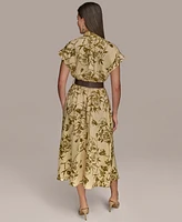 Donna Karan New York Women's Floral-Print Belted A-Line Midi Dress