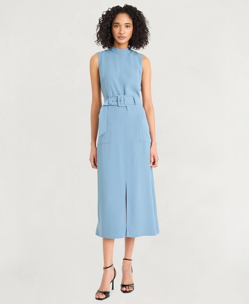 Luxely Women's Twill Belted Mock-Neck Sleeveless Dress