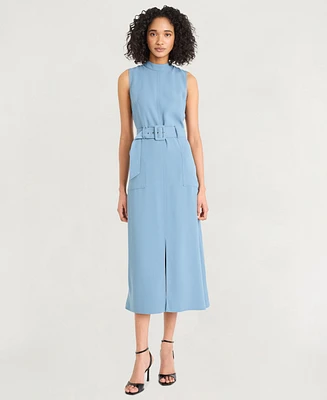 Luxely Women's Twill Belted Mock-Neck Sleeveless Dress