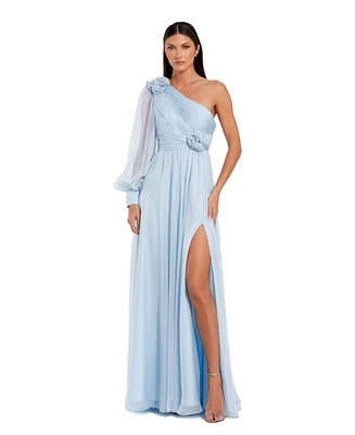 Mac Duggal Women's One Sleeve Chiffon Gown With 3D Flowers