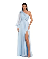 Mac Duggal Women's One Sleeve Chiffon Gown With 3D Flowers