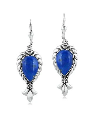 American West Jewelry Sterling Silver Denim Lapis Pear Gemstone Squash Blossom Lever Back Earrings