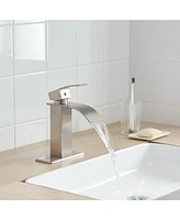 Greenspring Waterfall Single Handle Hole Low-Arc Bathroom Faucet Drip-Free Vanity Sink Matte Black & Gold
