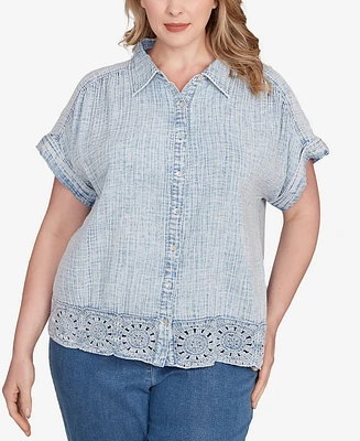 Ruby Rd. Plus Snow Washed Crochet Hem Collared Shirt