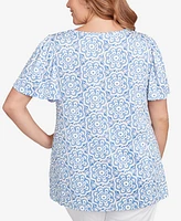 Ruby Rd. Plus Beaded Macrame Puff Print Top