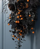 Glitzhome 28" Halloween Black Rose and Berry Swag Metal Wreath Hanger