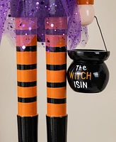Glitzhome Halloween Wooden Witch Nutcracker with Witch Cat Ornament, Set of 2