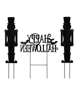 Glitzhome Metal Nutcracker and Happy Halloween Yard Stakes, Set of 3