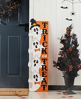 Glitzhome 42" Lighted Halloween Wooden Stacked Ghost with Trick Or Treat Porch Sign with Timer