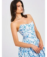 Miss Circle Women's Paloma Blue Print Linen Corset Draping Top Midi Dress
