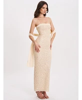 Miss Circle Women's Raizel Gold Beaded Sequin Bodycon Gown with Scarf