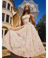 Miss Circle Women's Zaina Yellow Pink Floral Print Lace Trim Linen Midi Dress