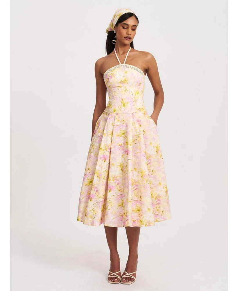 Miss Circle Women's Zaina Yellow Pink Floral Print Lace Trim Linen Midi Dress