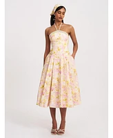 Miss Circle Women's Zaina Yellow Pink Floral Print Lace Trim Linen Midi Dress