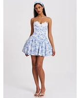 Miss Circle Women's Taleah Blue Floral Print Linen Mini Dress with Lace Trim