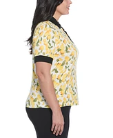 Rafaella Plus Lemon Print Buttoned Elbow Length Sleeve Polo T-Shirt