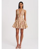 Miss Circle Women's Mackenzie Green and Pink Floral Print Halter Linen Mini Dress