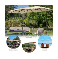 15 Feet Double-Sided Twin Patio Umbrella with Crank and Base
